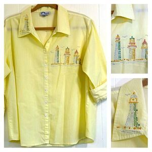 RAINBOW Women's Shirts Size XL Sportwear Rhinestone Yellow Striped Botton Down